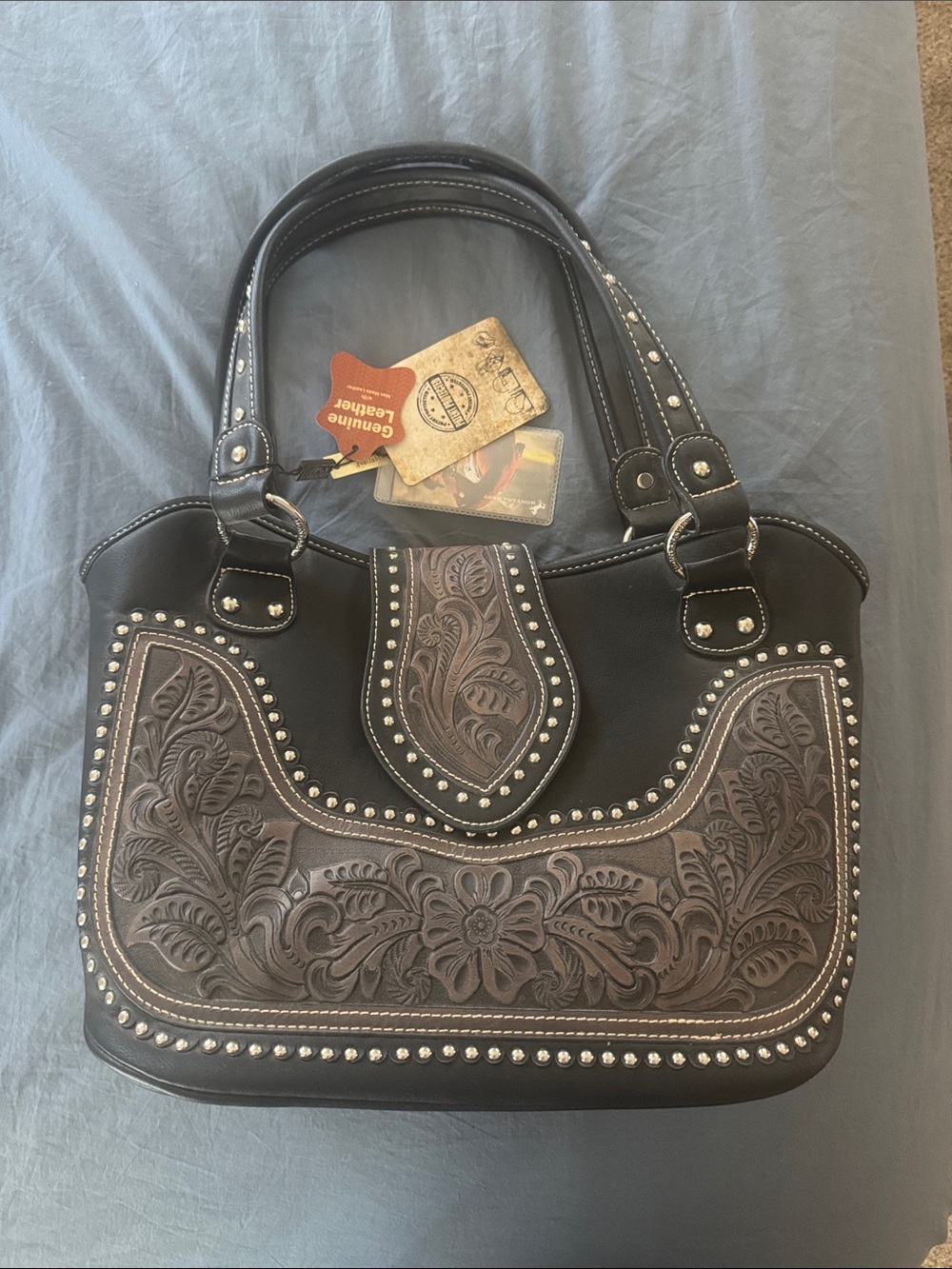 Montana West Black and Brown Tooled Floral Shoulder Bag conceal carry